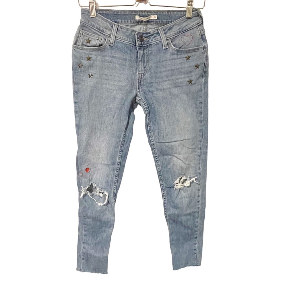 Levis Size 26 535 Super Skinny Raw Hem‎ Gold Star Studded Distressed Denim Jean